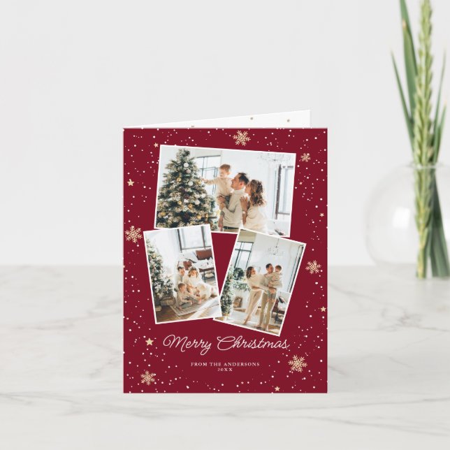 Tarjeta Festiva Collage de fotos Snowflakes Red Merry Christmas Ca (Anverso)
