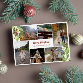 Tarjeta Festiva Collage de fotos verde de las Berries Rojas Feliz