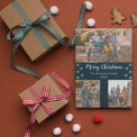 Tarjeta Festiva Collage de Navidades de copos de nieve de plata az<br><div class="desc">Las tarjetas navideñas con fotos que muestran collage de fotos, con tres (3) imágenes, tipografía de escritura blanca y borde de copos de nieve de plata, contra el fondo azul marino clásico. El mismo borde con un patrón de copos de nieve sobre un fondo azul, adorna la parte trasera de...</div>