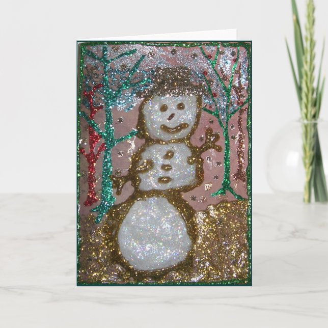 Tarjeta Festiva Collage de Snowman 3D purpurina (Anverso)