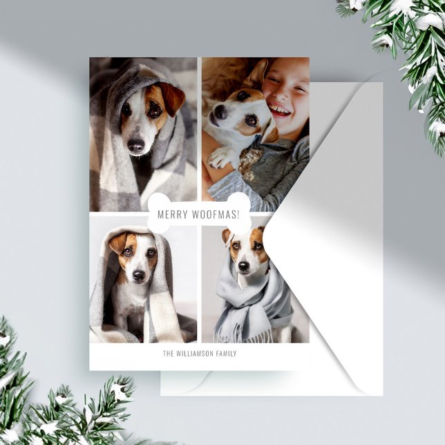 Tarjeta Festiva Collage del Mascota de fotos de perros de merry Wo (Merry Woofmas Dog Bone Photo Pet Collage Holiday Card)