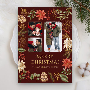 Tarjeta Festiva Collage Floral de Flor de Nochebuena Burgundy Navi