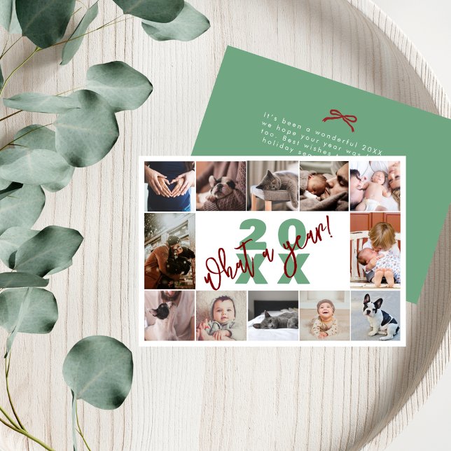 Tarjeta Festiva Collage fotográfico moderno verde rojo 12 ¡Qué año (Subido por el creador)