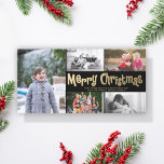 Tarjeta Festiva Collage Gold Merry Christmas 5 Photo Card Black<br><div class="desc">Personalizar esta divertida y encantadora y moderna tarjeta de fotos de Navidad horizontal diseñada con un falso texto de oro Feliz Navidad en negro y un collage de cinco fotos. Por favor, tenga en cuenta que el oro es una impresión a color y no es un Relieve metalizado de oro...</div>