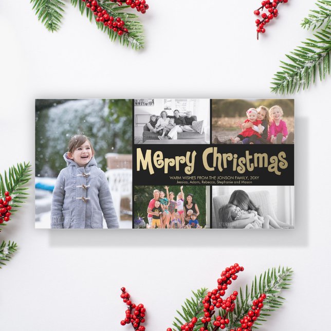 Tarjeta Festiva Collage Gold Merry Christmas 5 Photo Card Black (Subido por el creador)