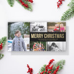Tarjeta Festiva Collage Gold Simple Merry Christmas 5 Photo Card<br><div class="desc">Personalizar esta moderna y audaz tarjeta de fotos horizontal de Navidad, simple y elegante, diseñada con un falso texto de oro Feliz Navidad en negro y un collage de cinco fotos. Por favor, tenga en cuenta que el oro es una impresión a color y no es un Relieve metalizado de...</div>