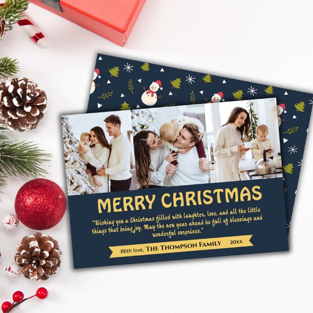 Tarjeta Festiva Collage moderno de 3 fotos adorables Navidades azu (Front/Back )