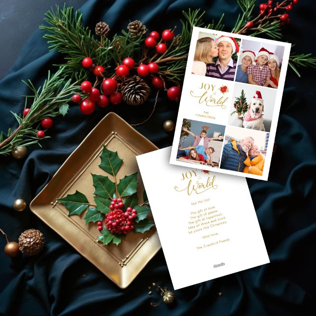 Tarjeta Festiva Collage moderno y elegante de la posología 5 fotos (Elegant Modern Poinsettia Collage Five Photo Family Christmas Holiday Cards.)