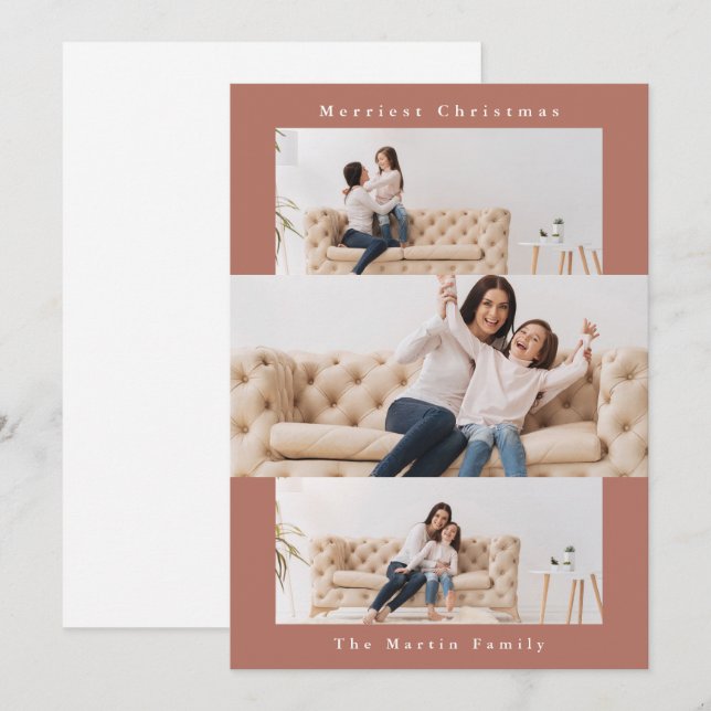 Tarjeta Festiva Collage Naranja moderno con tres fotos (Anverso / Reverso)