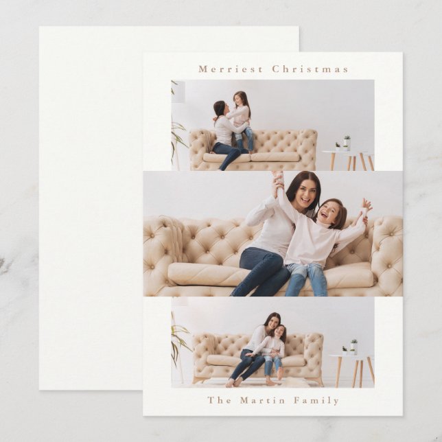 Tarjeta Festiva Collage natural y crema moderno con tres fotos (Anverso / Reverso)