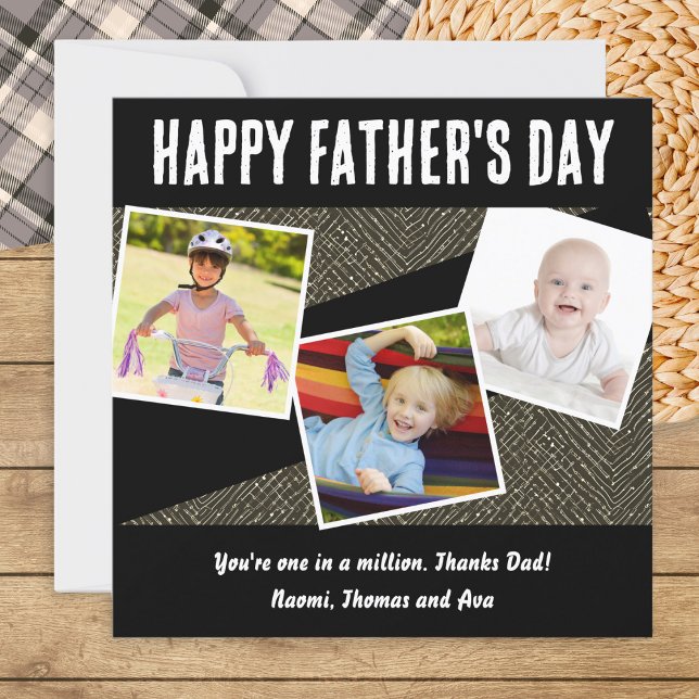 Tarjeta Festiva Collage Personalizado de 3 Fotos Elegante Día del  (A stylish Father's Day card in black and white, to personalize with three photos and a message)