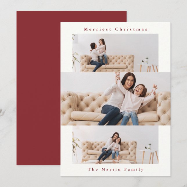 Tarjeta Festiva Collage rojo y blanco moderno con tres fotos (Anverso / Reverso)