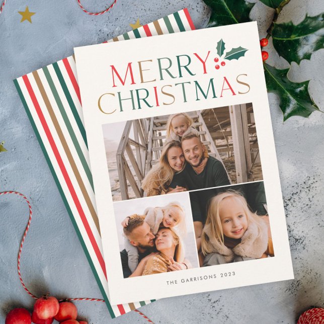 Tarjeta Festiva Collage simple de 3 fotos Navidades alegres y colo (A Colorful Merry Christmas 3 Photo Collage Holiday Card with Holly Accent.)