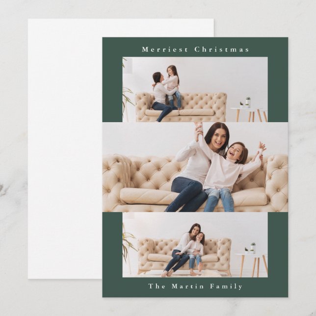 Tarjeta Festiva Collage verde moderno con tres fotos (Anverso / Reverso)