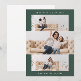 Tarjeta Festiva Collage verde moderno con tres fotos