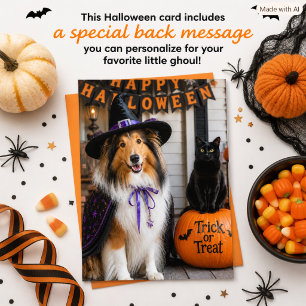 Tarjeta Festiva Collie Bruja y Gato Negro Halloween para Niños