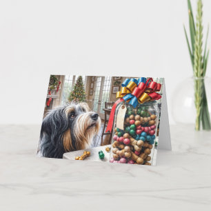 Tarjeta Festiva Collie con barba con Navidades tratados con huesos