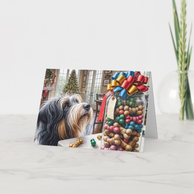 Tarjeta Festiva Collie con barba con Navidades tratados con huesos (Anverso)