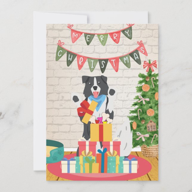 Tarjeta Festiva Collie de borde presenta Navidades de perros de hu (Anverso)