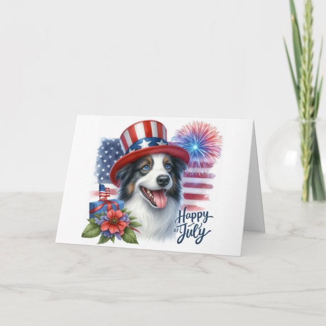 Tarjeta Festiva Collie de frontera patriótica el 4 de julio (Anverso)