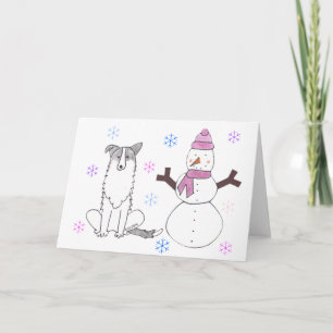 Tarjeta Festiva Collie de frontera y Snowman