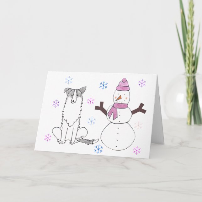 Tarjeta Festiva Collie de frontera y Snowman (Anverso)