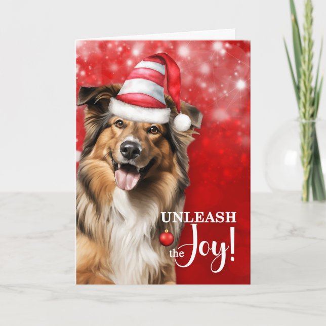 Tarjeta Festiva Collie Dog desata a los Navidades de la alegría (Anverso)