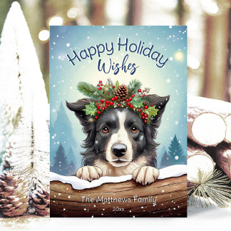 Tarjeta Festiva Collie fronteriza en bosque de nieve ruso feliz