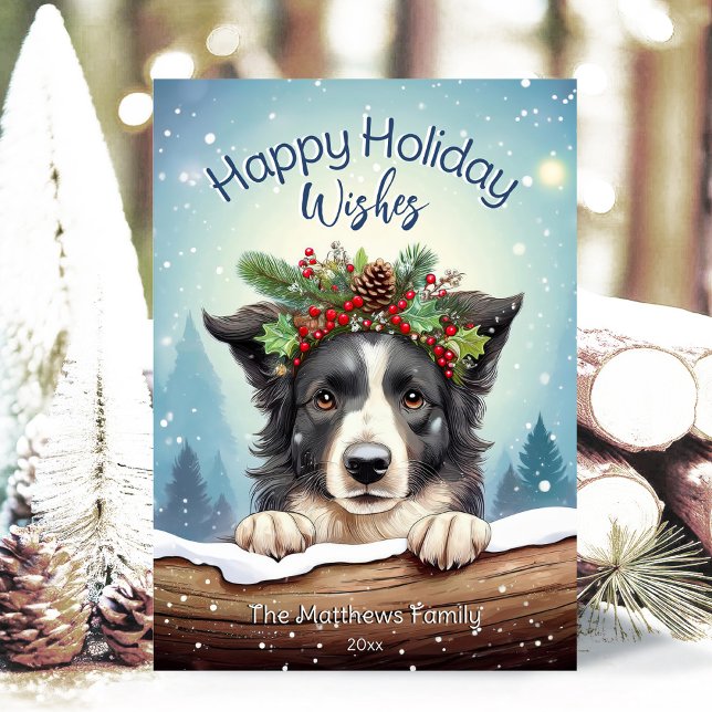 Tarjeta Festiva Collie fronteriza en bosque de nieve ruso feliz (Adorable Winter Snowy Scene With Peeking Dogs or Farm/Woodland Animals - Over 50 to Choose From!)