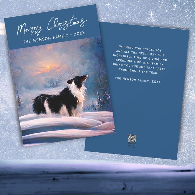 Tarjeta Festiva Collie fronteriza en Navidades de paisajes nevados (Subido por el creador)