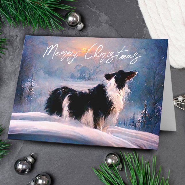 Tarjeta Festiva Collie fronterizo en Navidades del paisaje de niev (Subido por el creador)