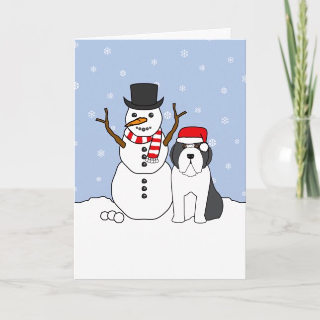 Tarjeta Festiva Collie y muñeco de nieve barbudos (Anverso)