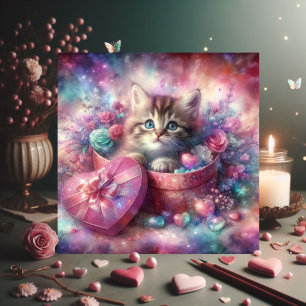 Tarjeta Festiva Color De Agua Floral Rosa Gatito En Caja Valentina