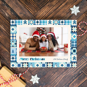 Tarjeta Festiva Colores Navideños de Azul en Parche Mosaico Foto F