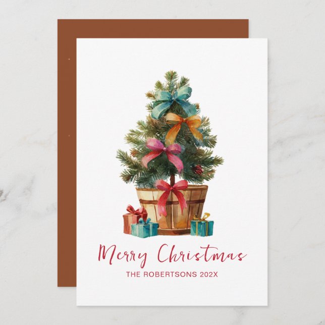 Tarjeta Festiva Colorful Bows Christmas Tree Rustic (Anverso / Reverso)