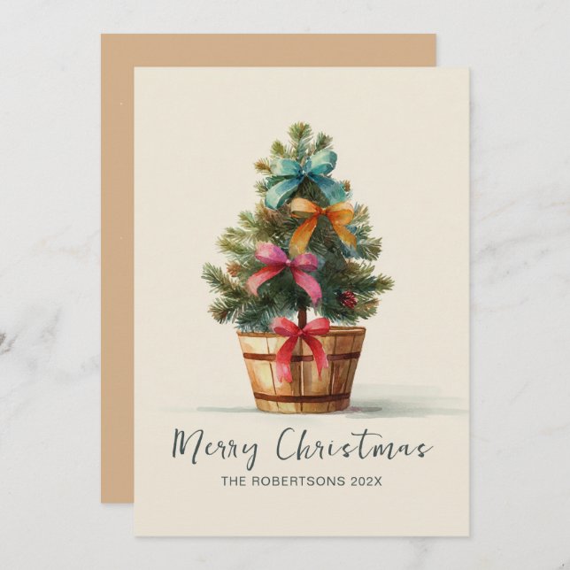 Tarjeta Festiva Colorful Bows Rustic Christmas Tree  (Anverso / Reverso)