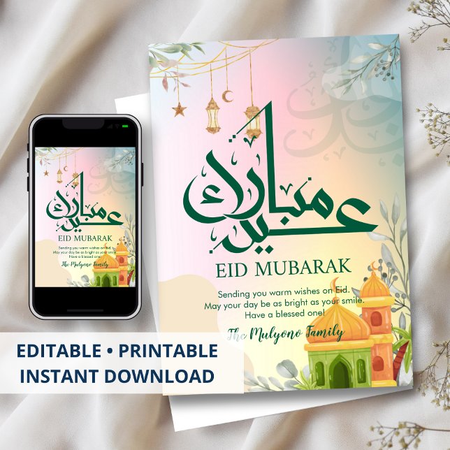 Tarjeta Festiva Colorful Pastel Sunset Mosque Eid Mubarak Card (Subido por el creador)