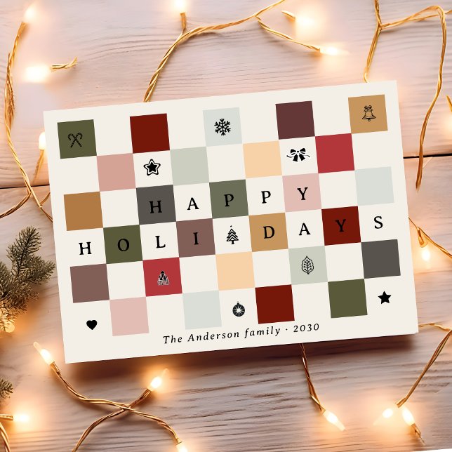 Tarjeta Festiva Colorful Rustic Cute Happy Holidays Checkerboard  (Subido por el creador)