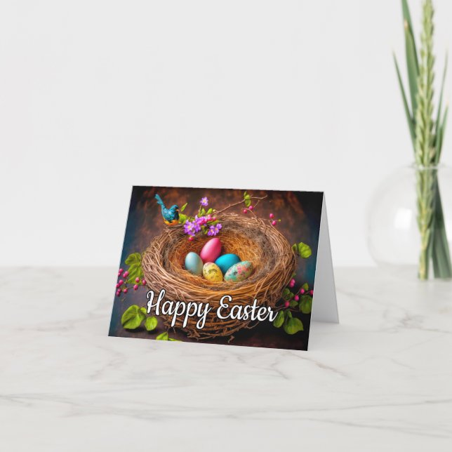 Tarjeta Festiva Colorida Cesta De Pascua Llena De Huevos (Anverso)