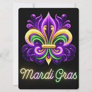 Tarjeta Festiva Colorida Neon Mardi Gras Fleur de lis