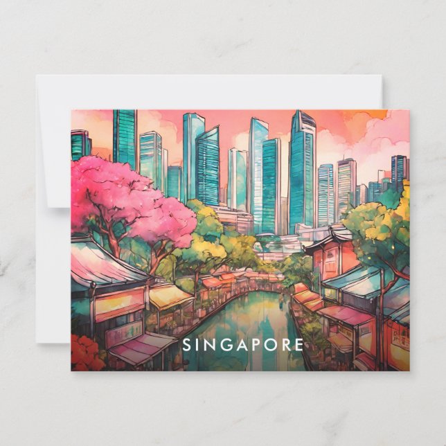 Tarjeta Festiva Colorida vista de la ciudad de Singapur (Anverso)
