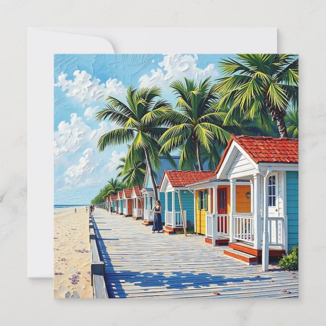 Tarjeta Festiva Coloridas cabañas de playa tropicales vibrantes (Anverso)