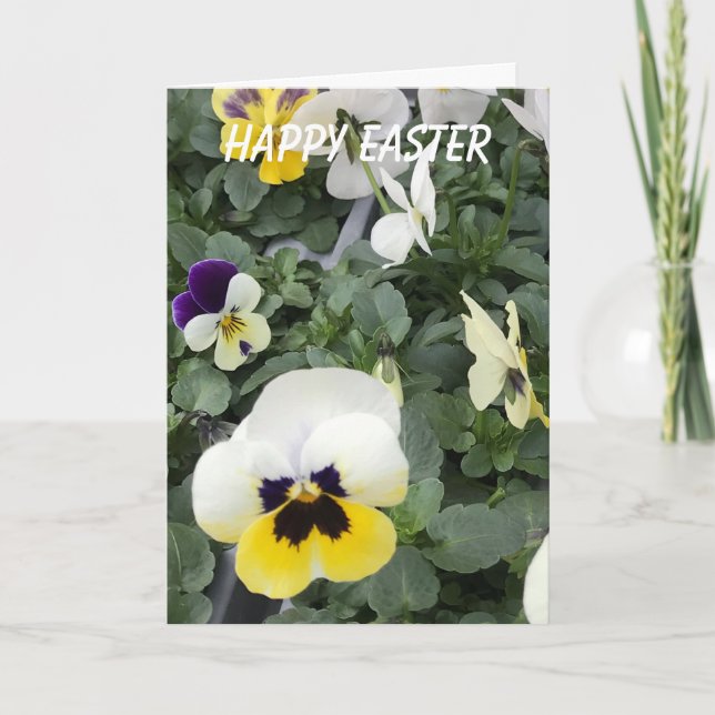 Tarjeta Festiva Coloridas Pansies Pascua (Anverso)