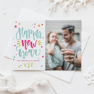 Tarjeta Festiva Colorido Año Nuevo con Caligrafía Rústica Foto Fel