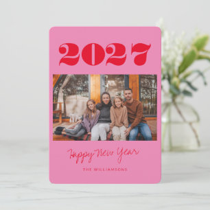 Tarjeta Festiva Colorido Rosa Rojo Audaz Dos Foto Año Nuevo 2026
