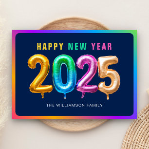 Tarjeta Festiva Colorido Vibrante 2025 Globo Azul Feliz Año Nuevo