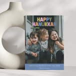 Tarjeta Festiva Colorido y moderno saludo Hanukkah 2 Foto<br><div class="desc">Celebre la temporada con este alegre diseño moderno de tarjetas Hanukkah en un lujoso arco iris de colores pastel sobre la foto de su familia. "Hanukkah feliz" aparece audazmente en letras multicolores mugrientas, emparejadas con un dulce mensaje de amor, luces y lápices debajo. Una manera divertida y elegante de compartir...</div>