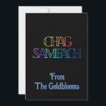 Tarjeta Festiva ColoridoChag Sameach SaludoFestivoJudío<br><div class="desc">Un diseño de texto Chag Sameach moderno y colorido que significa felices fiestas es un saludo adecuado para muchos de los diferentes festivales judíos.</div>
