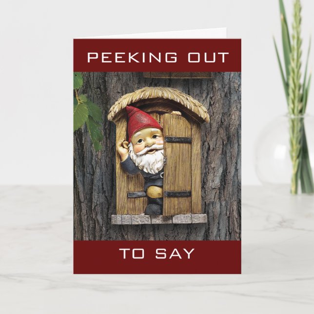 TARJETA FESTIVA "COMEDIC GNOME DICE HOGAR PARA LAS VACACIONES" (Anverso)
