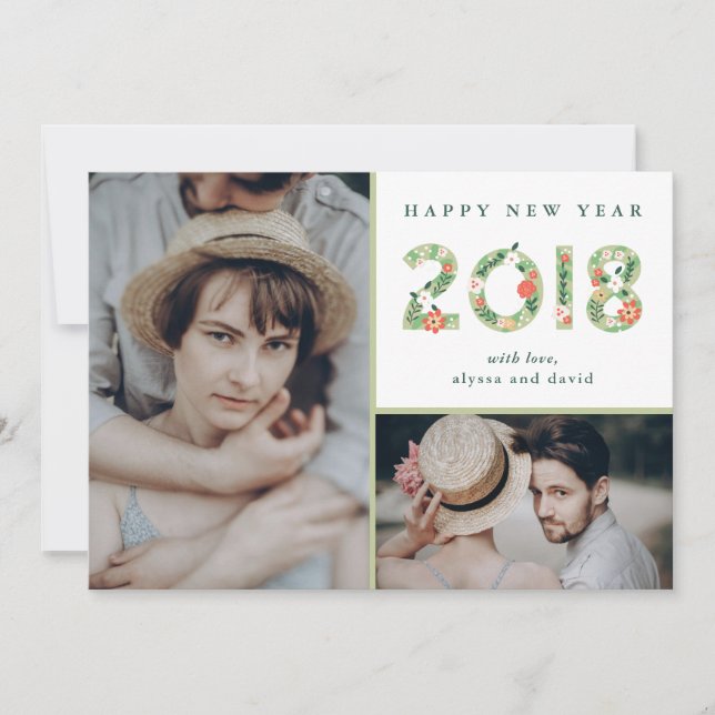 Tarjeta Festiva Comienzos Florales | Dos fotos Feliz Año Nuevo (Anverso)